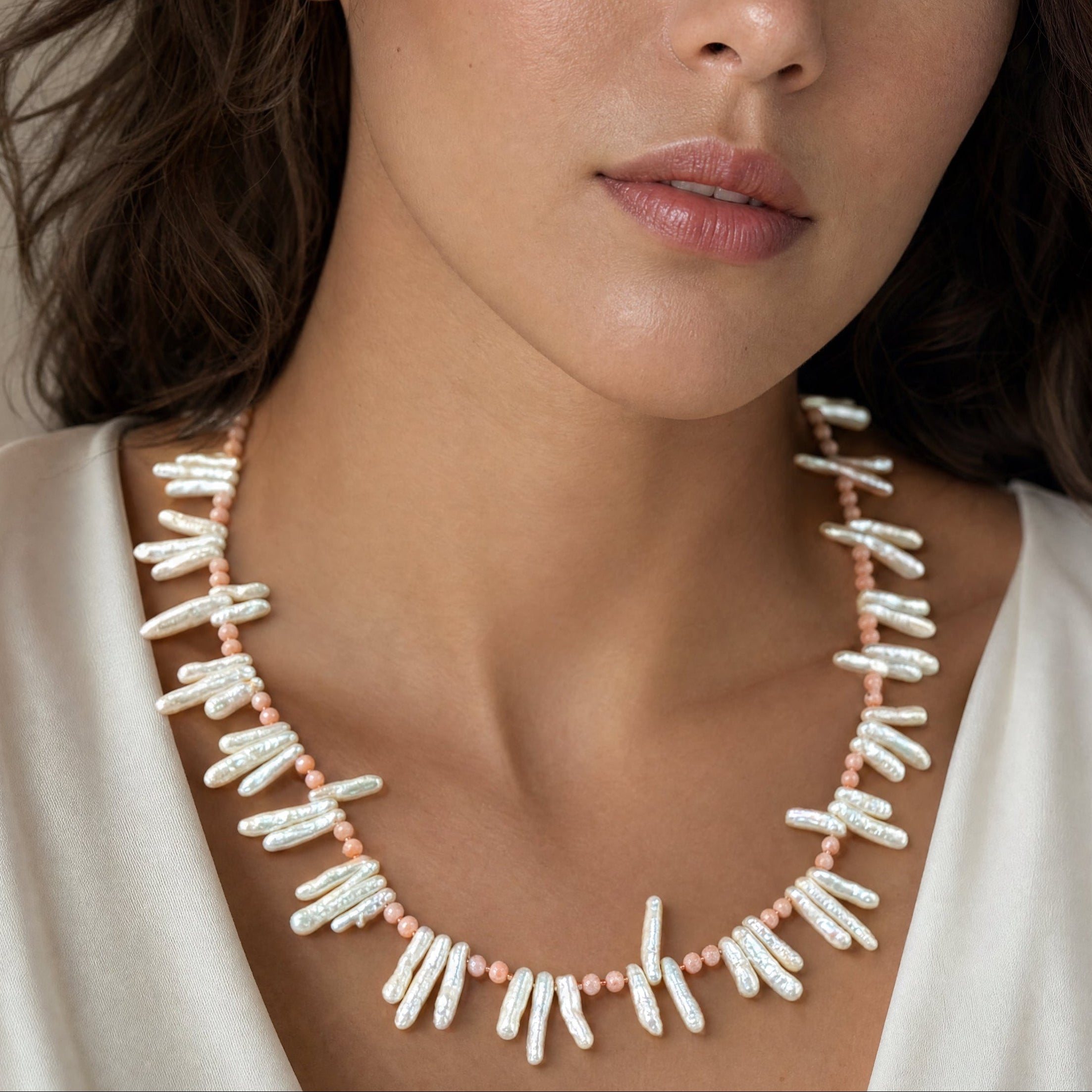 Dainty Biwa Pearl and Natural Pink Coral Necklace
