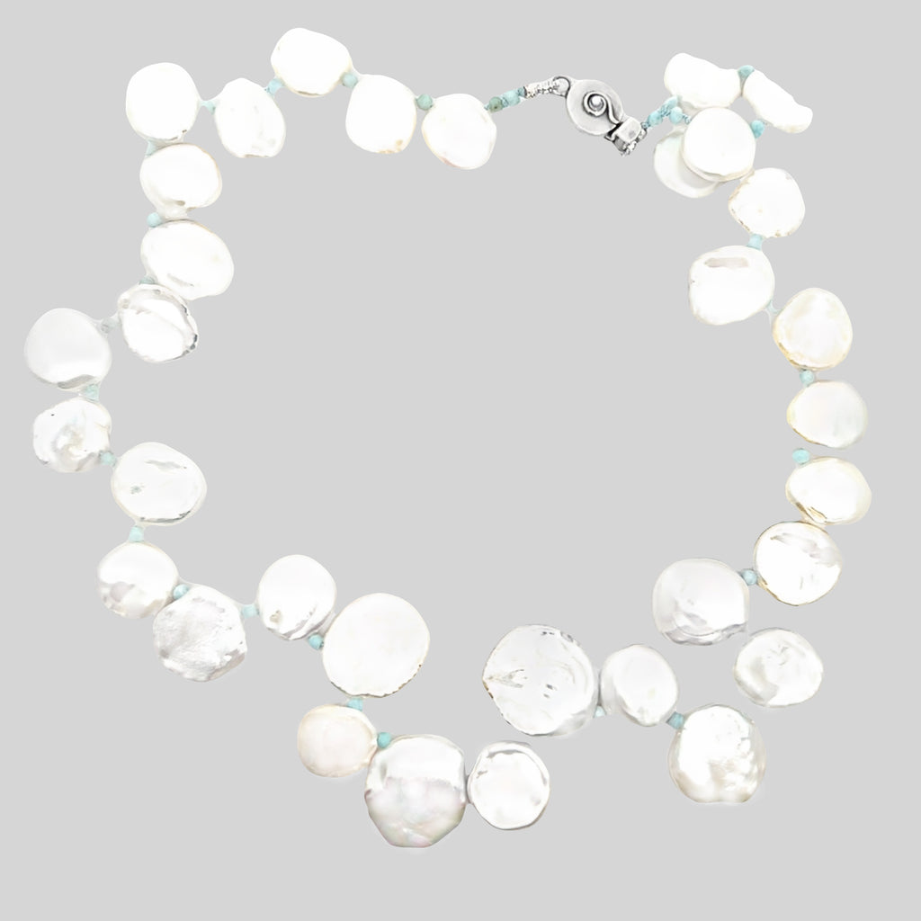 Organic Keshi Pearl and Larimar Hand-Knotted Necklace