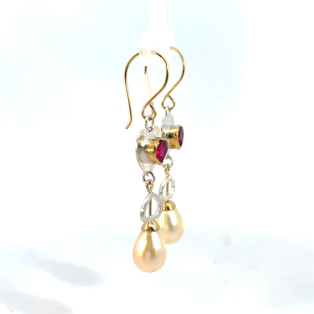 Passionate Heart Dangle Earrings:  Ruby, Pearl, Mixed Metal