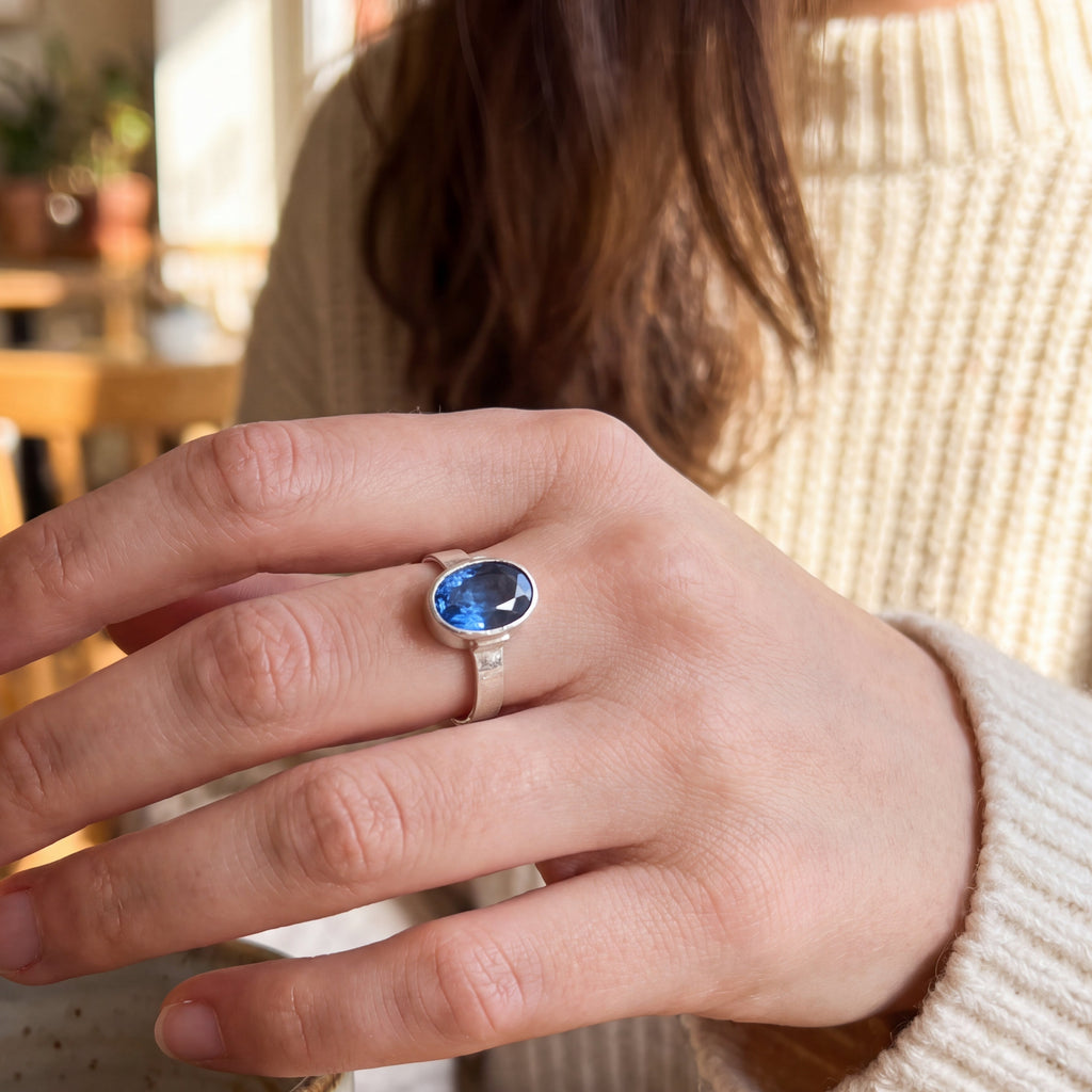 Royal Blue Kyanite Ring in Hammered Argentium Silver
