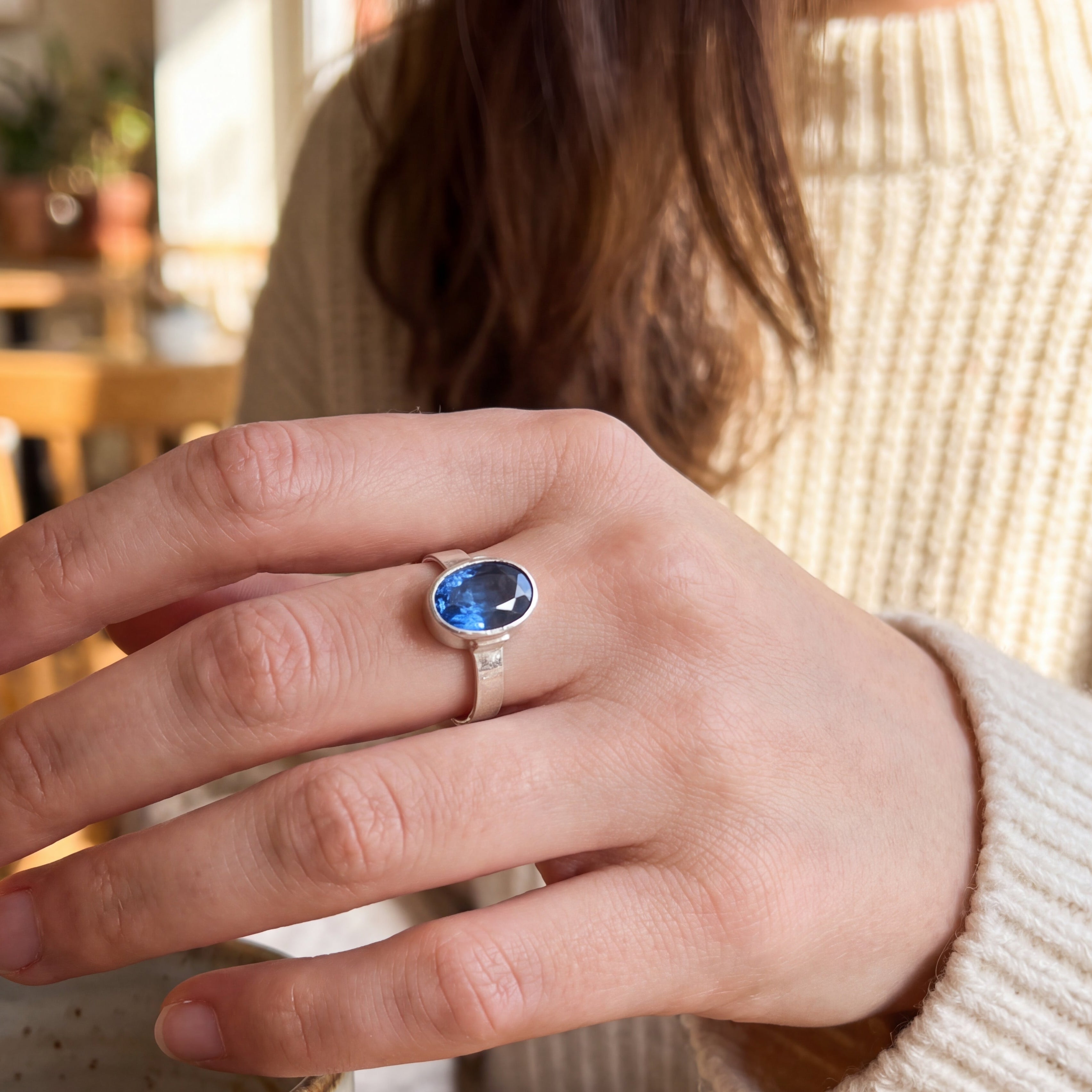 Royal Blue Kyanite Ring in Hammered Argentium Silver