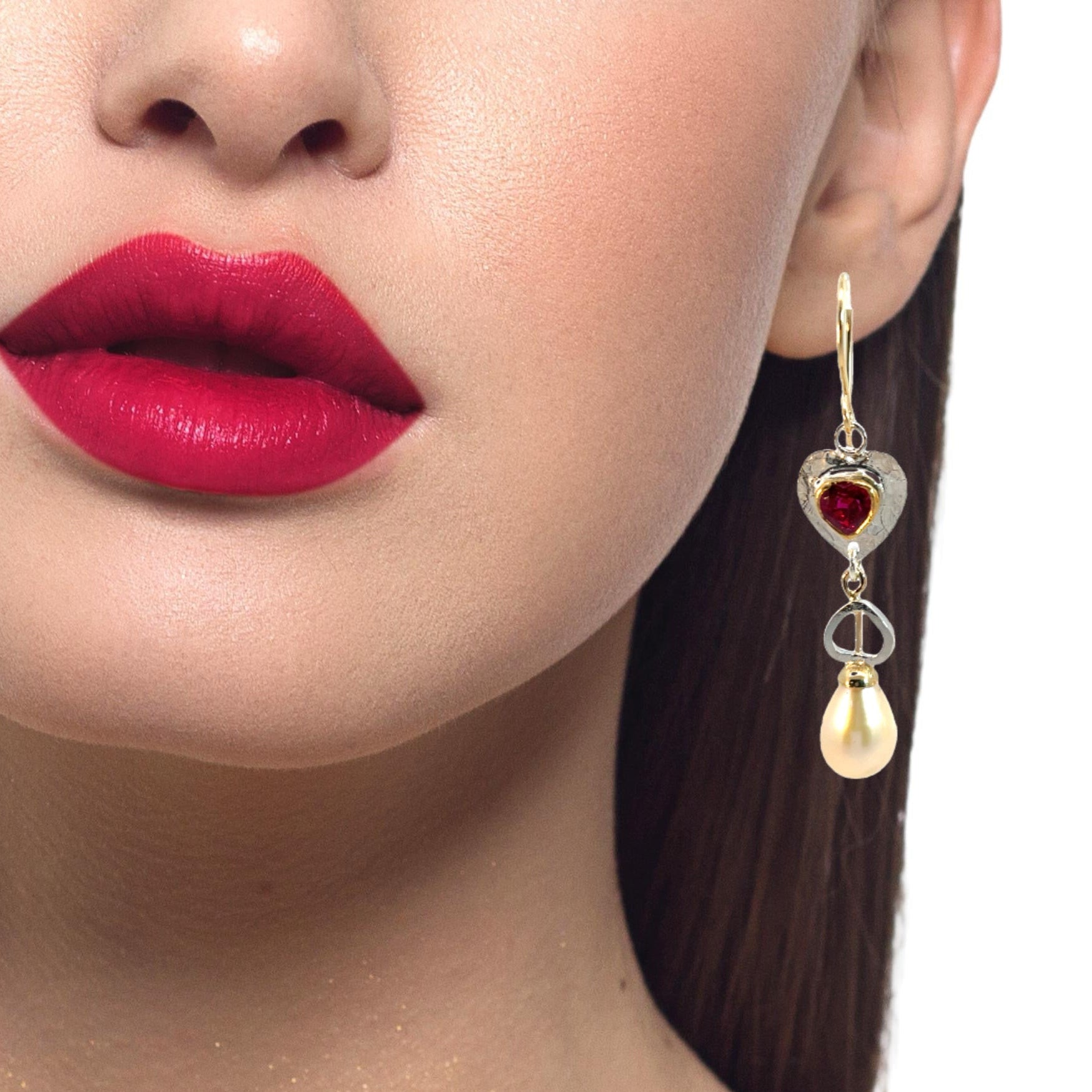 Passionate Heart Dangle Earrings:  Ruby, Pearl, Mixed Metal