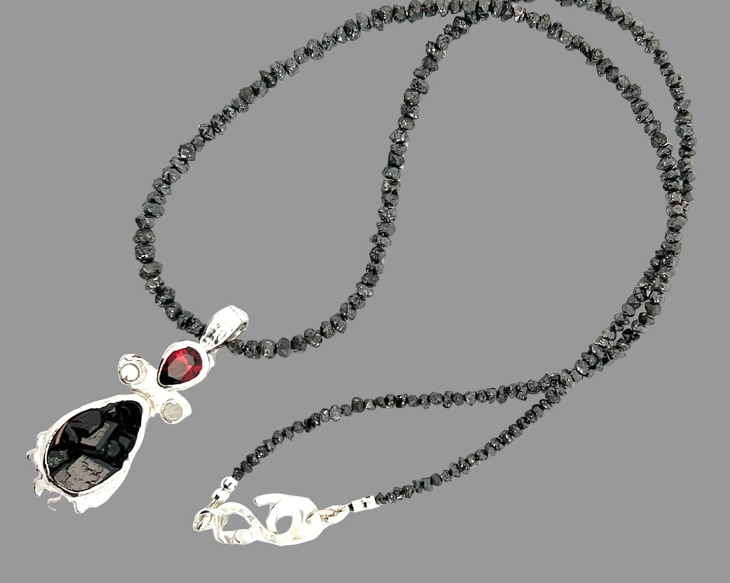 Contemporary, Rare Black Garnet Crystal Rand Diamond Sterling Pendant on Black Diamond Strand