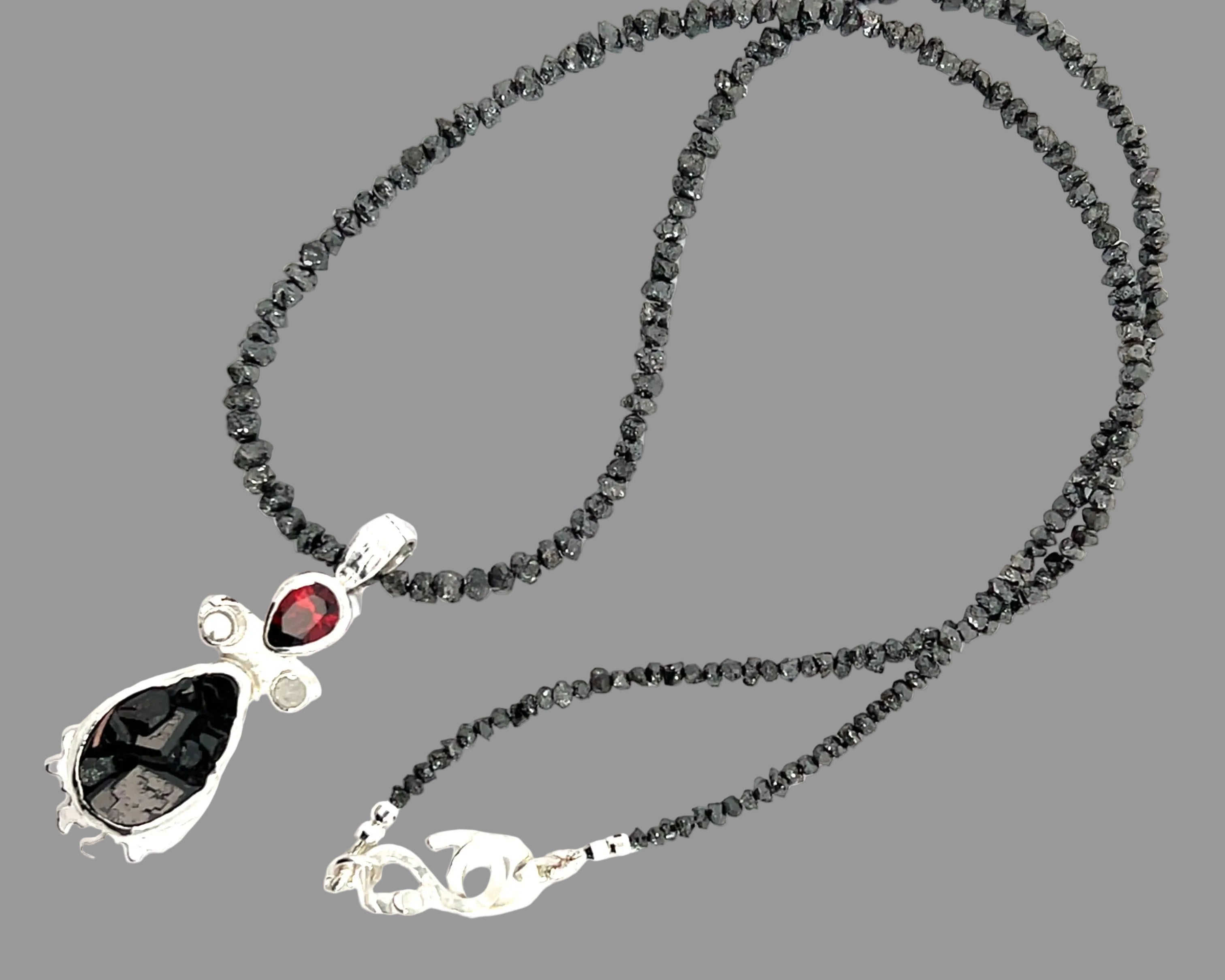 Contemporary, Rare Black Garnet Crystal Rand Diamond Sterling Pendant on Black Diamond Strand
