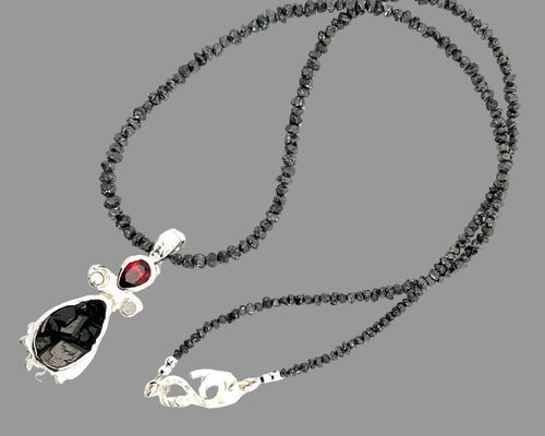 Contemporary, Rare Black Garnet Crystal Rand Diamond Sterling Pendant on Black Diamond Strand