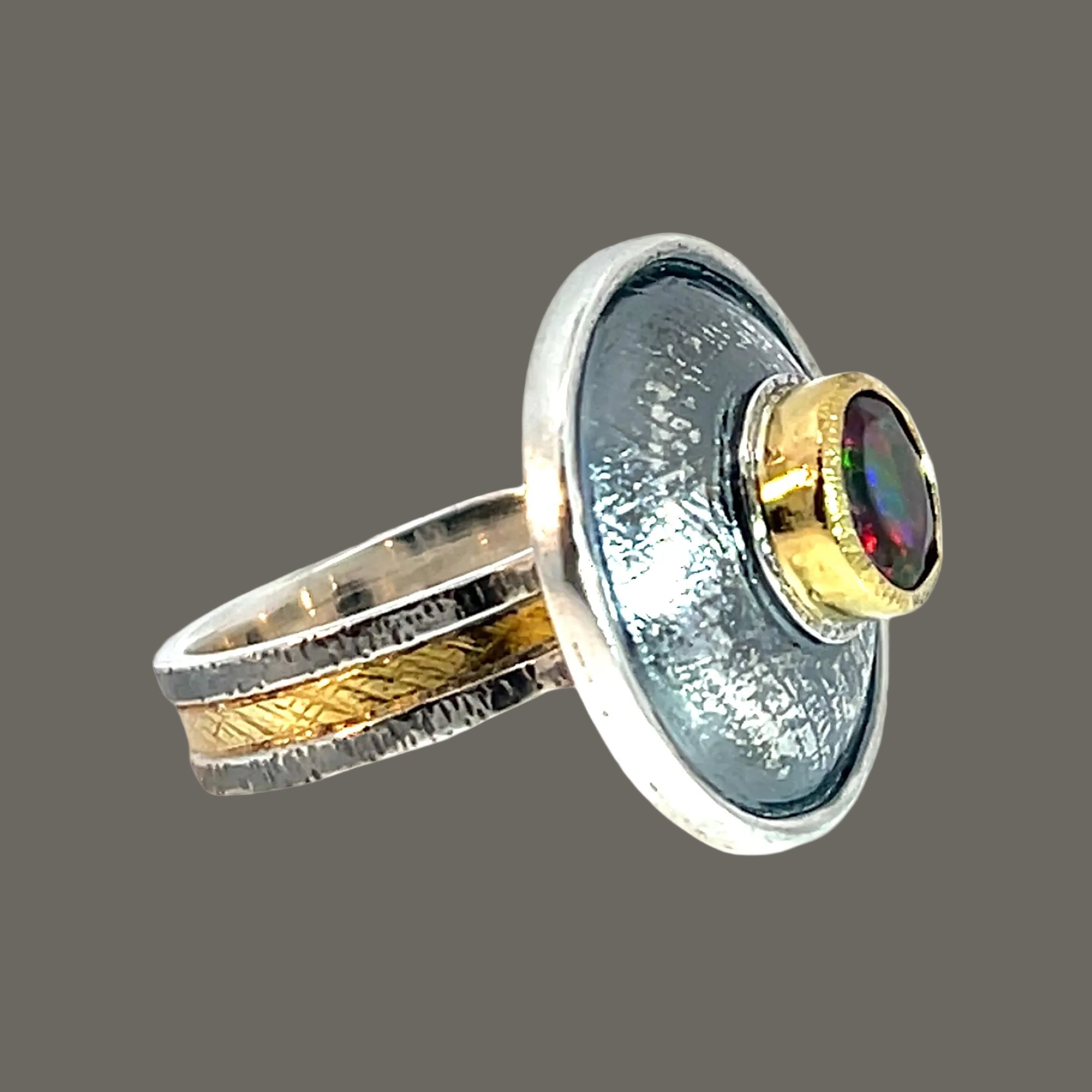Domed Black Ethiopian Opal, Mixed Metal Statement Ring