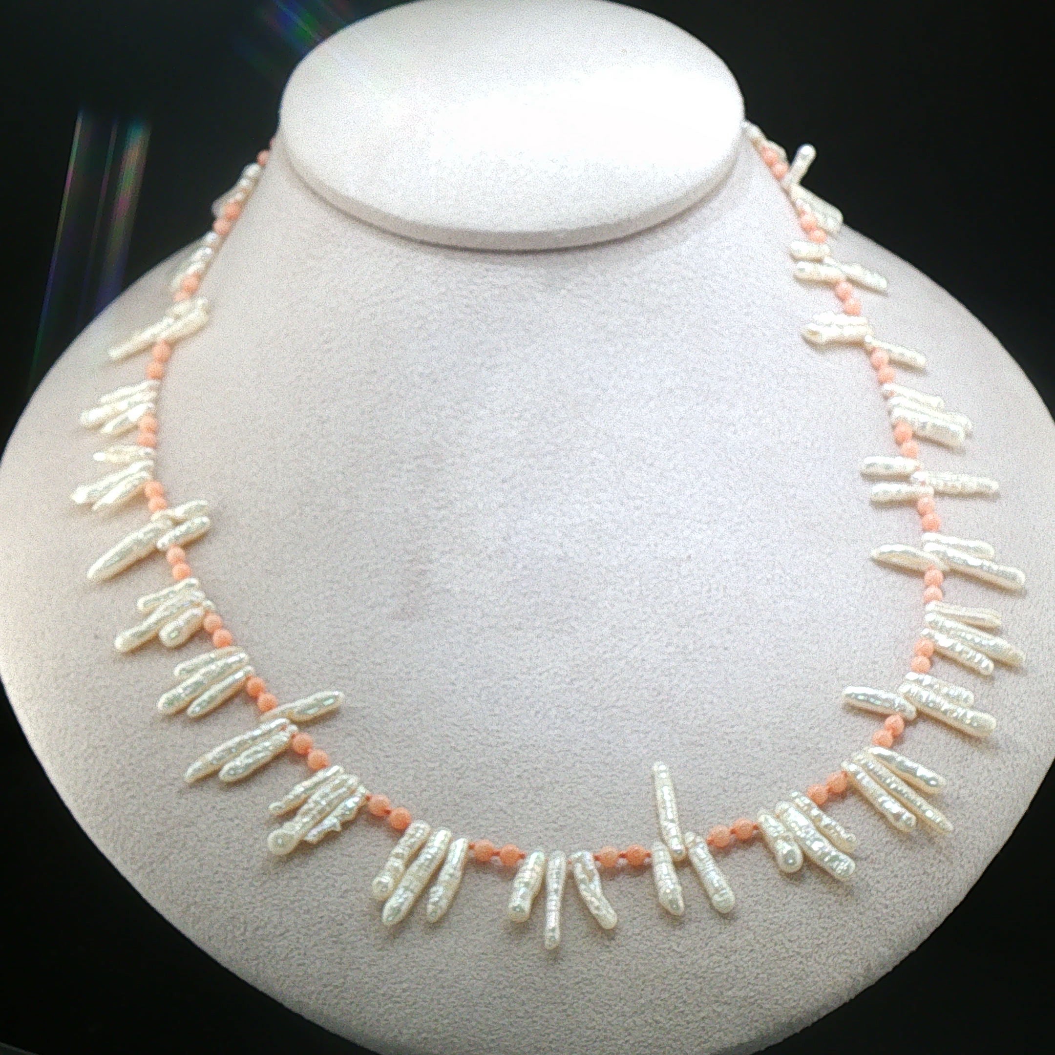 Dainty Biwa Pearl and Natural Pink Coral Necklace
