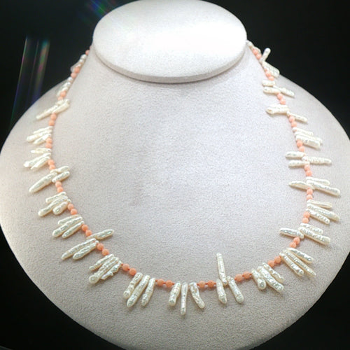 Dainty Biwa Pearl and Natural Pink Coral Necklace