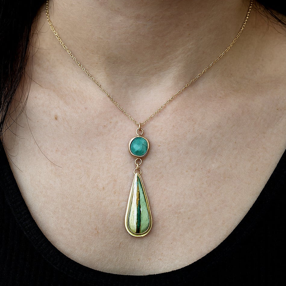 Rare Royston Ribbon Turquoise & Grandidierite Gold Pendant Necklace