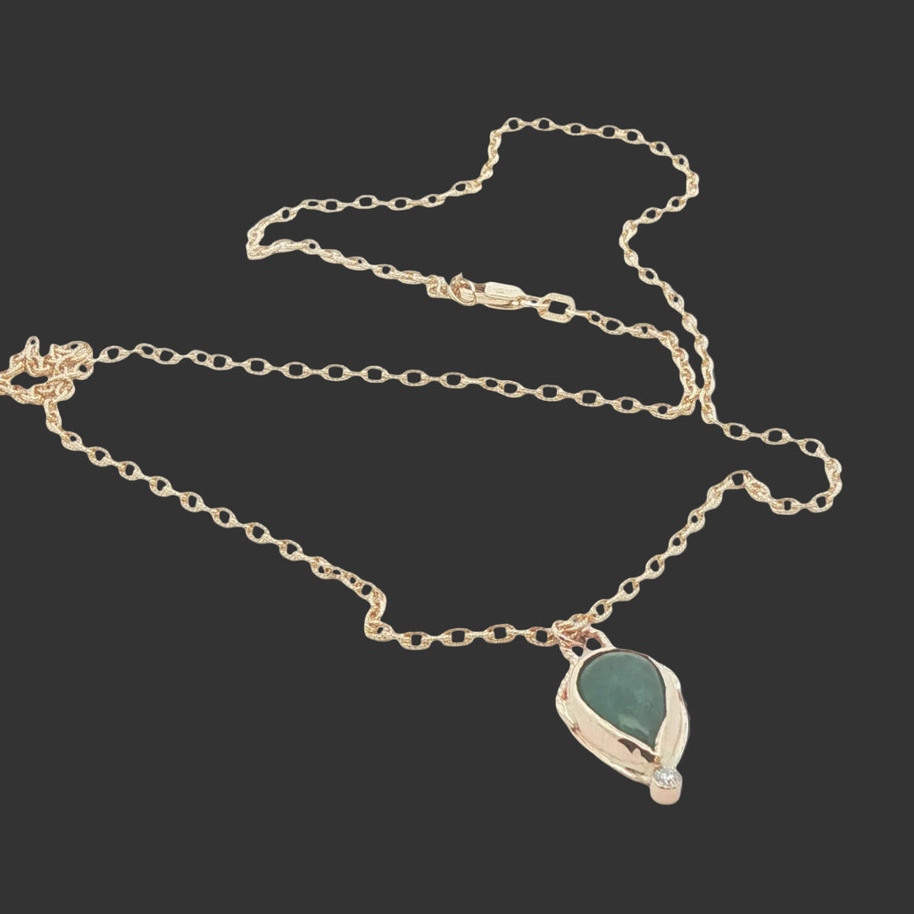 14K Gold Natural Emerald and Diamond Pear Pendant