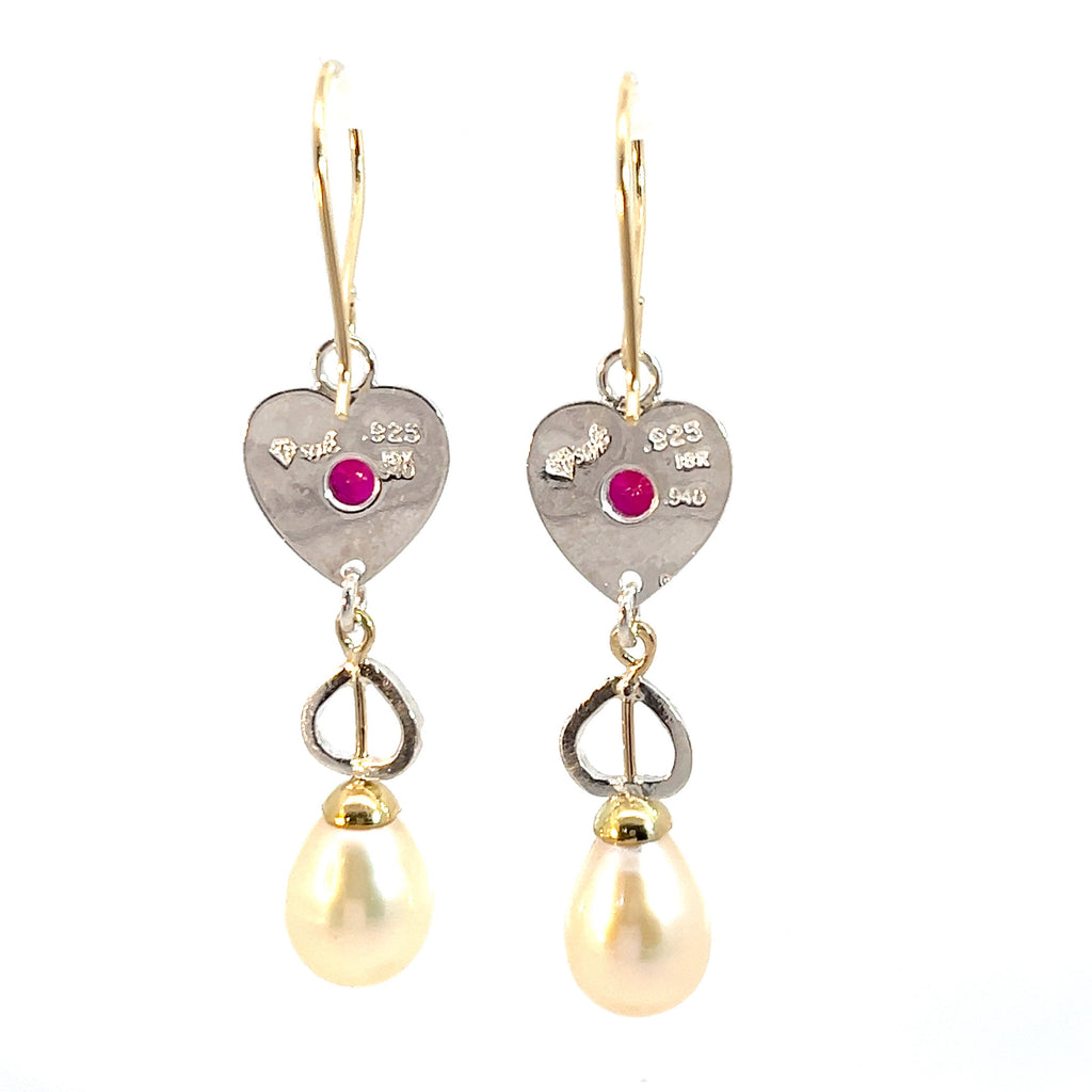 Passionate Heart Dangle Earrings:  Ruby, Pearl, Mixed Metal