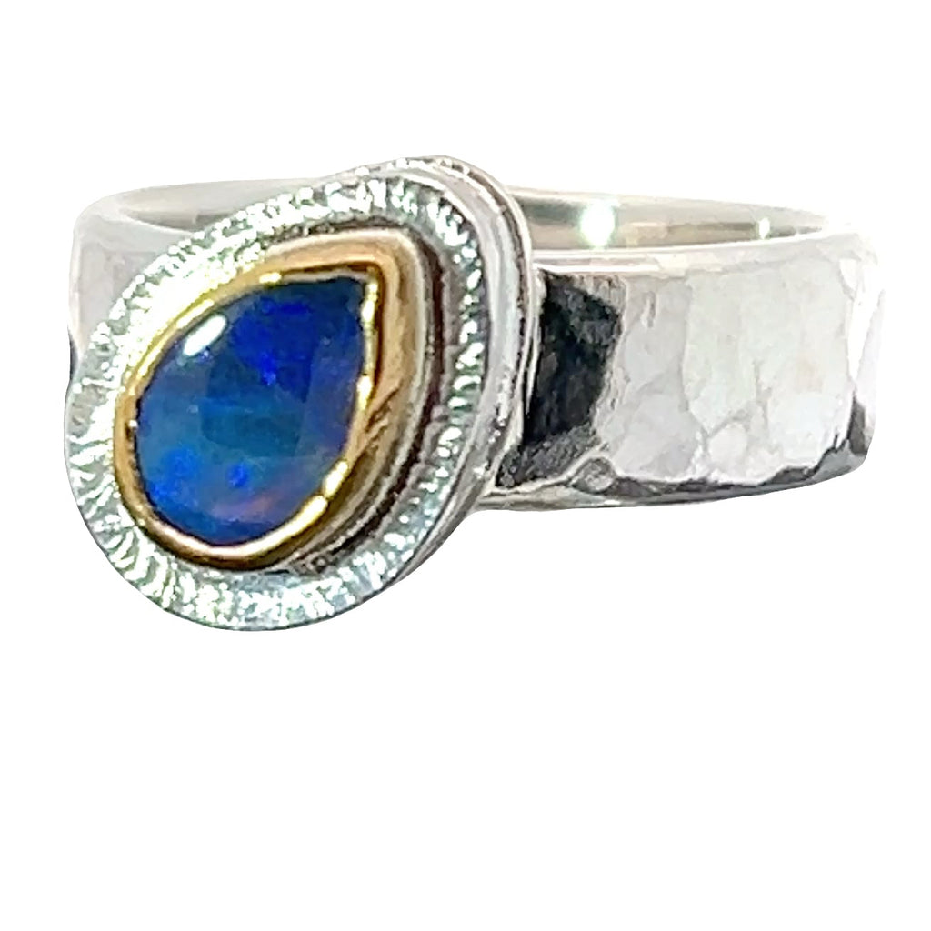 Couple's Blue Lightning Ridge Opal Mixed Metal Rings