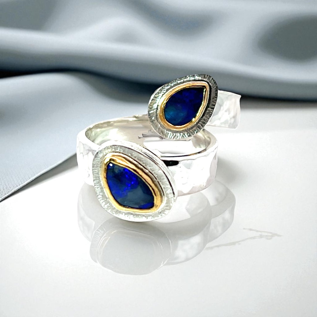 Couple's Blue Lightning Ridge Opal Mixed Metal Rings