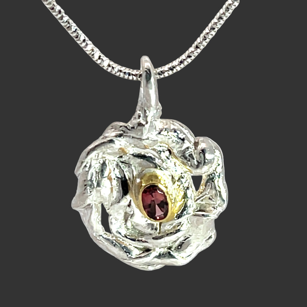 Gold-Wrapped Violet Spinel in Organic Mitsuro Swirled Sterling Pendant