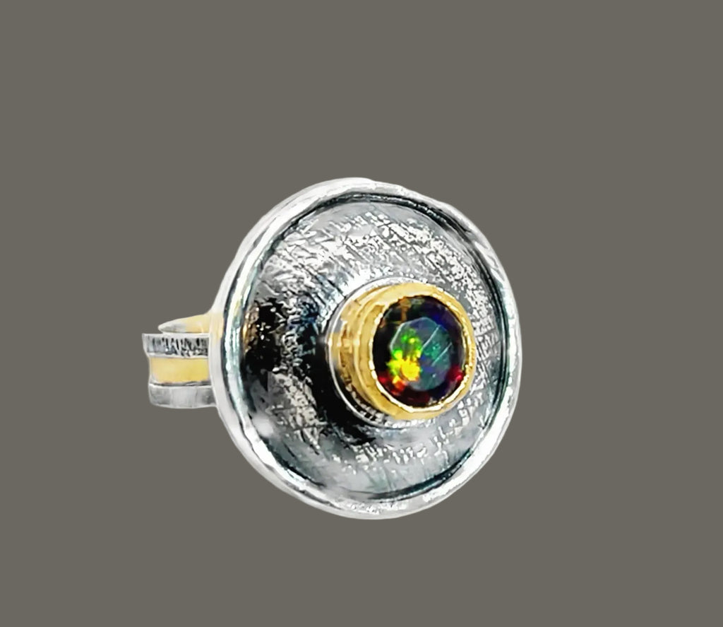 Domed Black Ethiopian Opal, Mixed Metal Statement Ring
