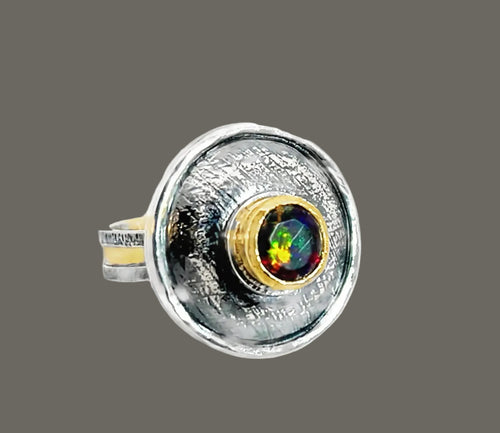 Domed Black Ethiopian Opal, Mixed Metal Statement Ring