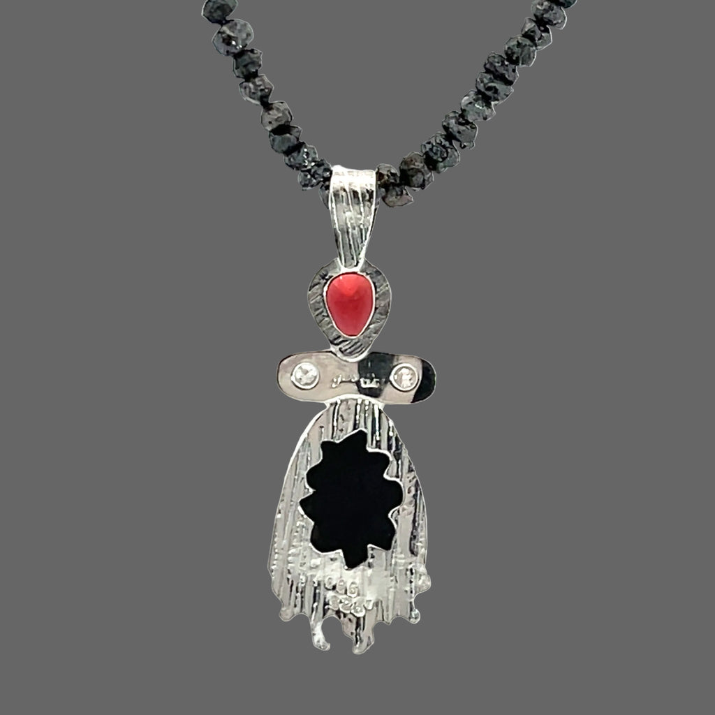 Contemporary, Rare Black Garnet Crystal Rand Diamond Sterling Pendant on Black Diamond Strand