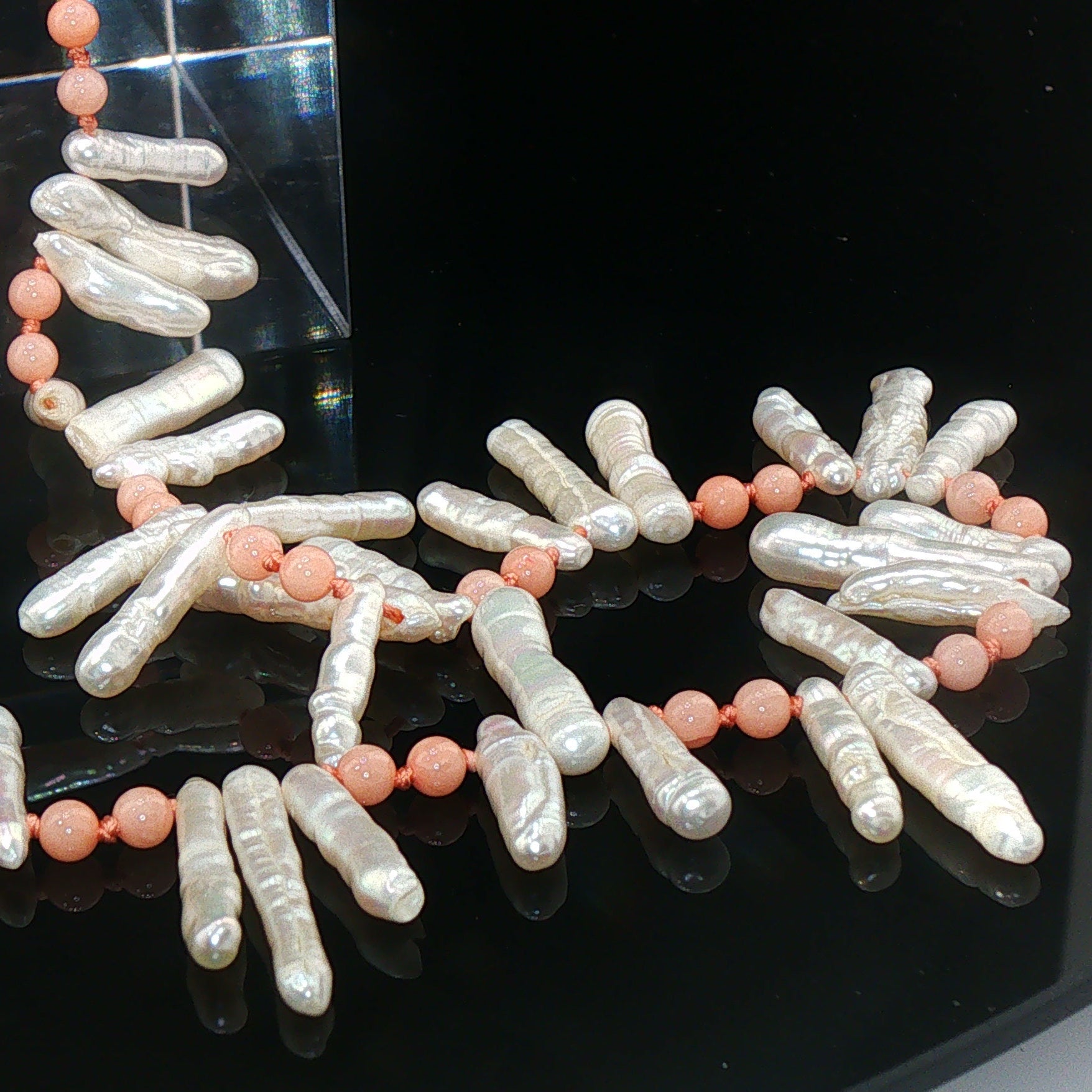 Dainty Biwa Pearl and Natural Pink Coral Necklace