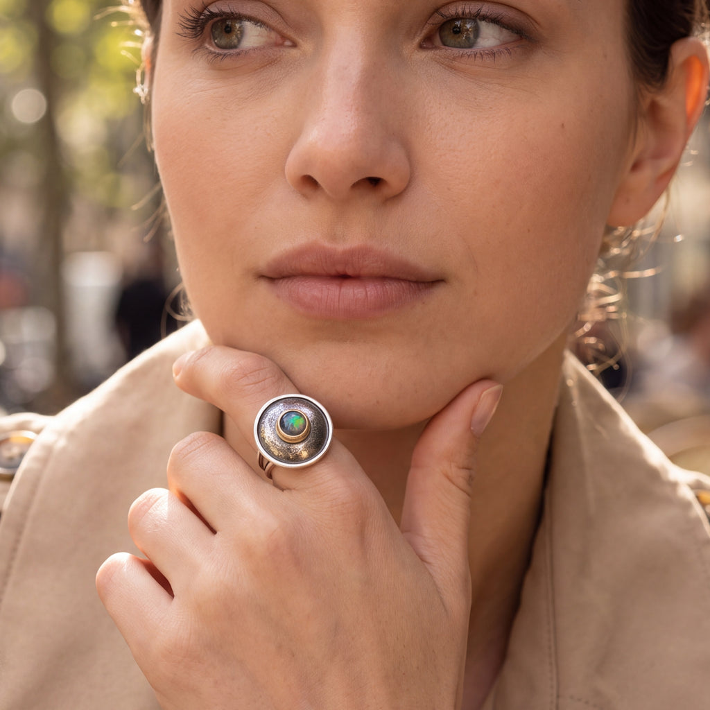 Domed Black Ethiopian Opal, Mixed Metal Statement Ring
