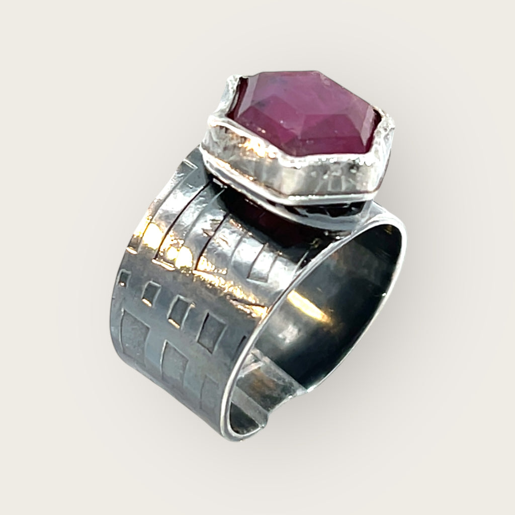 Hexagonal Pink Silk Sapphire Textured Sterling Ring