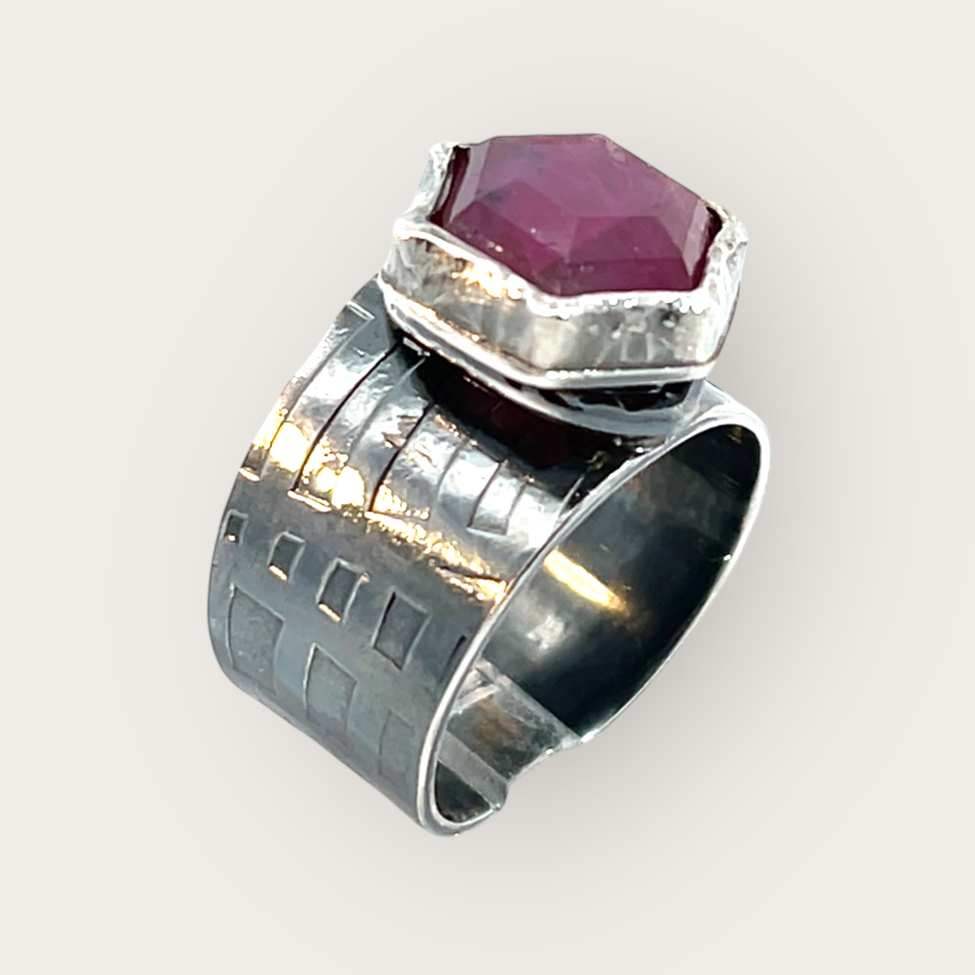 Hexagonal Pink Silk Sapphire Textured Sterling Ring