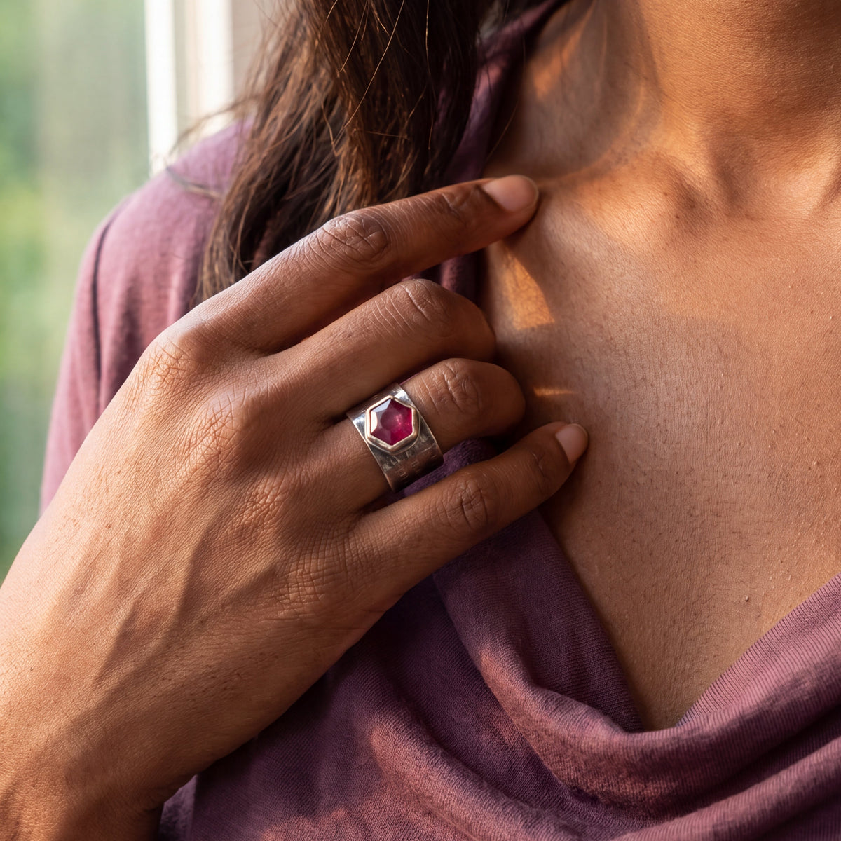 Hexagonal Pink Silk Sapphire Textured Sterling Ring