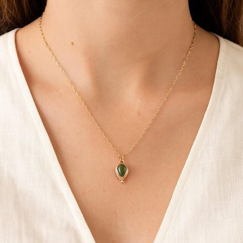 14K Gold Natural Emerald and Diamond Pear Pendant