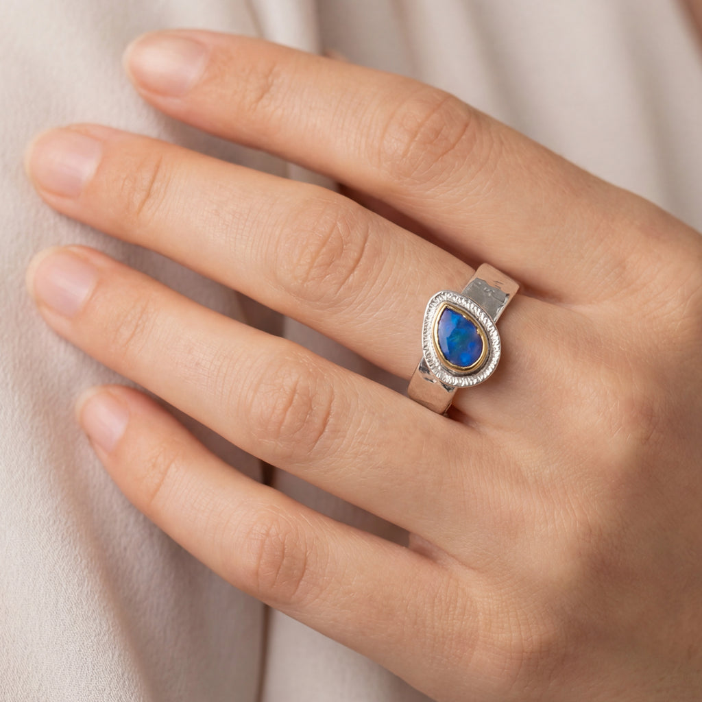 Couple's Blue Lightning Ridge Opal Mixed Metal Rings
