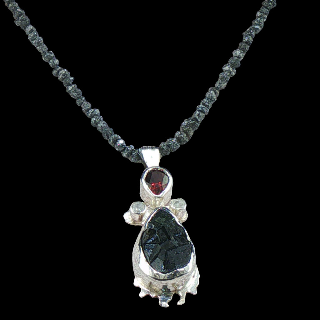 Contemporary, Rare Black Garnet Crystal Rand Diamond Sterling Pendant on Black Diamond Strand