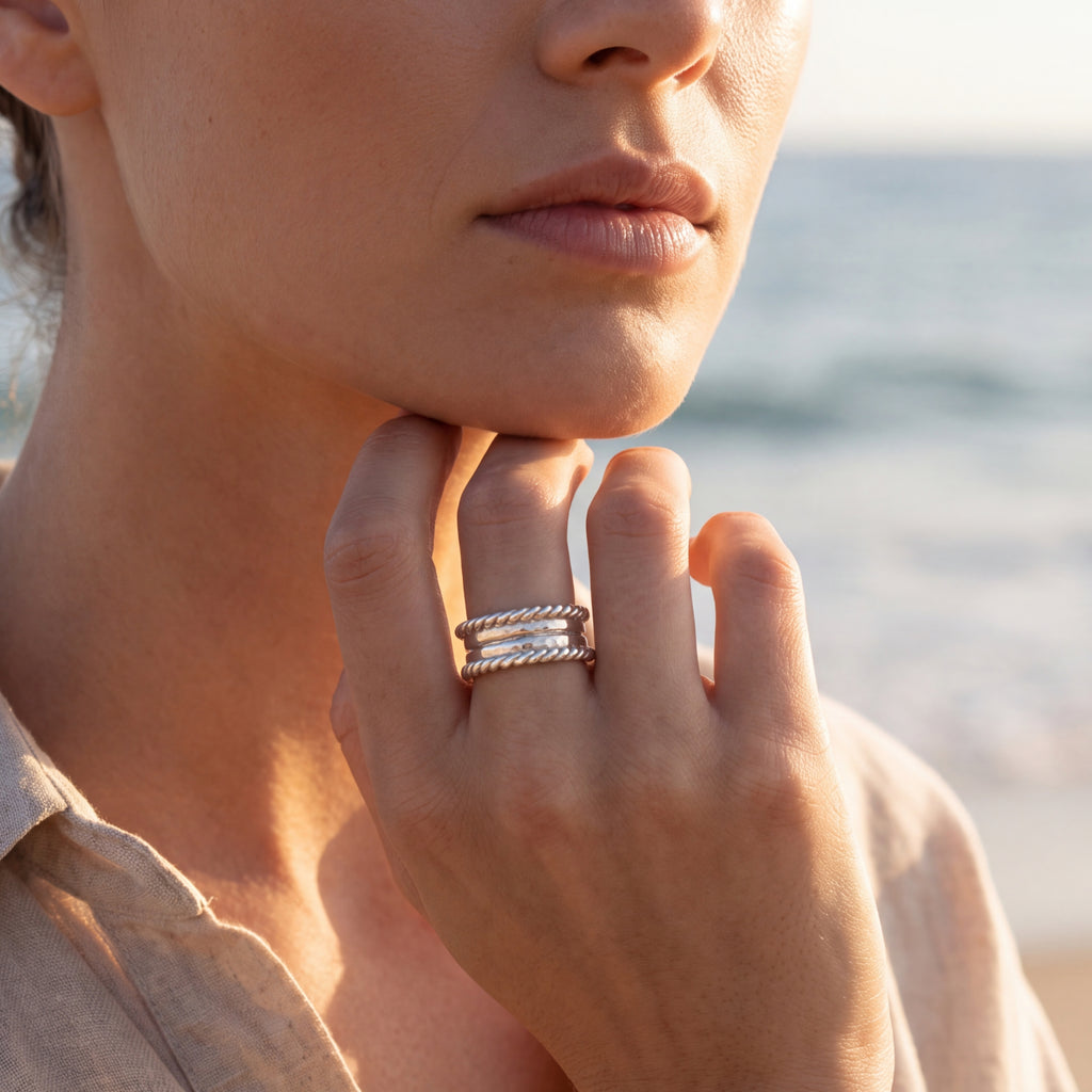 Twisted Border Textured Sterling Silver Band