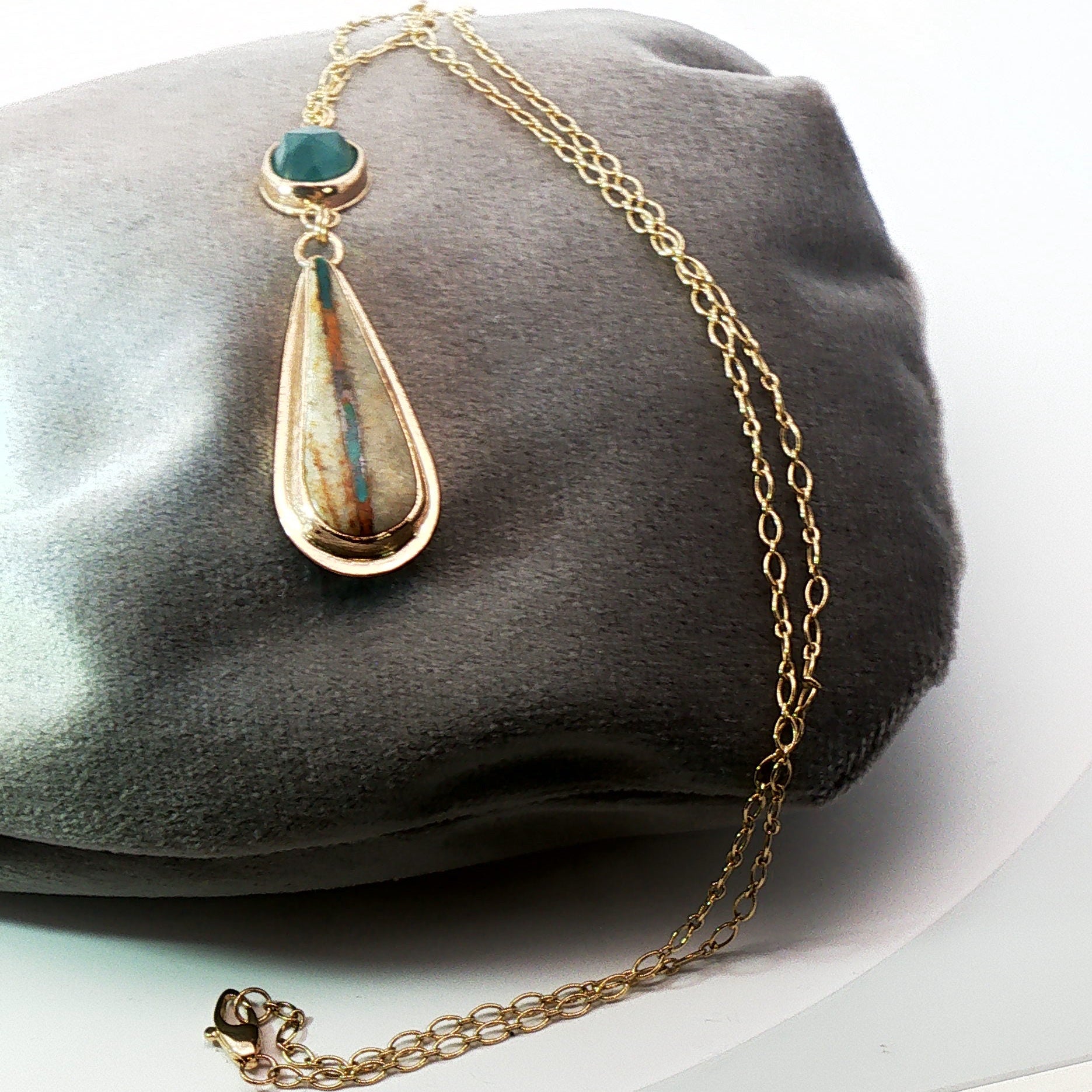 Rare Royston Ribbon Turquoise & Grandidierite Gold Pendant Necklace