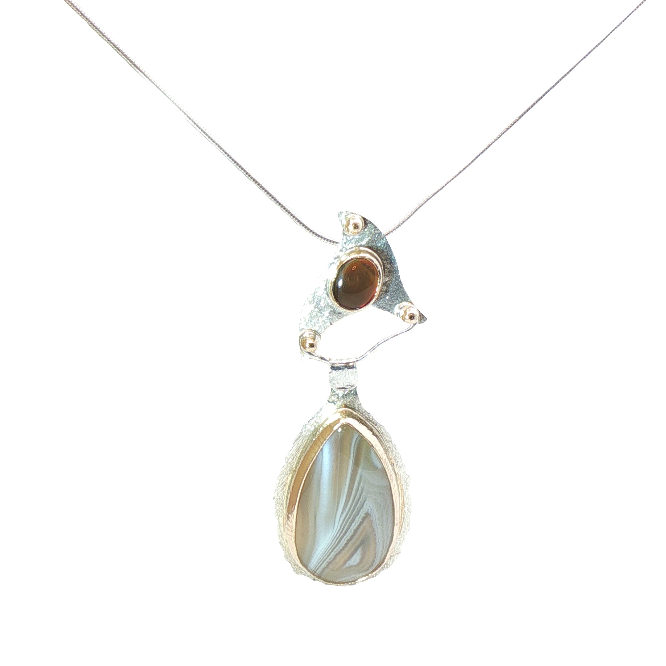 Contemporary Botswana Agate & Fossiled Ammolite,Mixed Metal Pendant