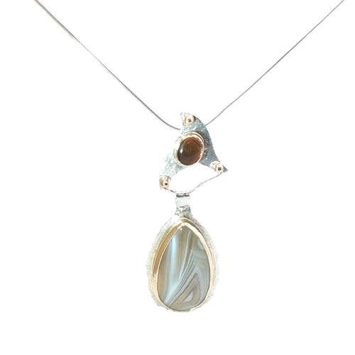 Contemporary Botswana Agate & Fossiled Ammolite,Mixed Metal Pendant