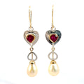 Passionate Heart Dangle Earrings:  Ruby, Pearl, Mixed Metal