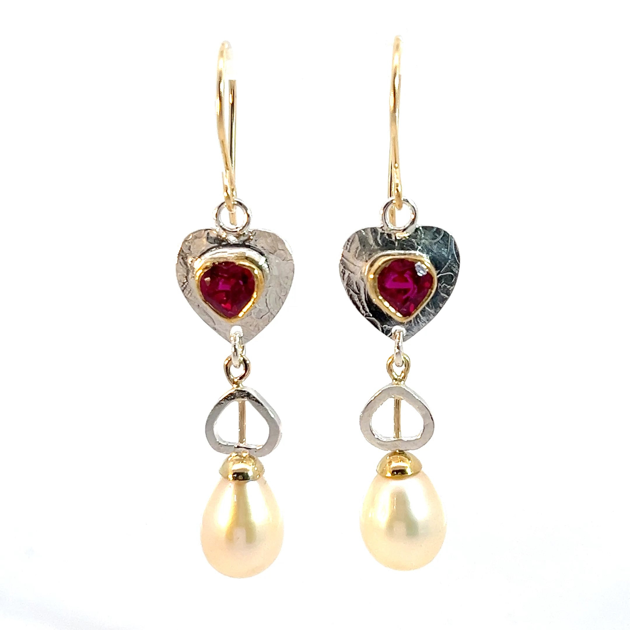 Passionate Heart Dangle Earrings:  Ruby, Pearl, Mixed Metal