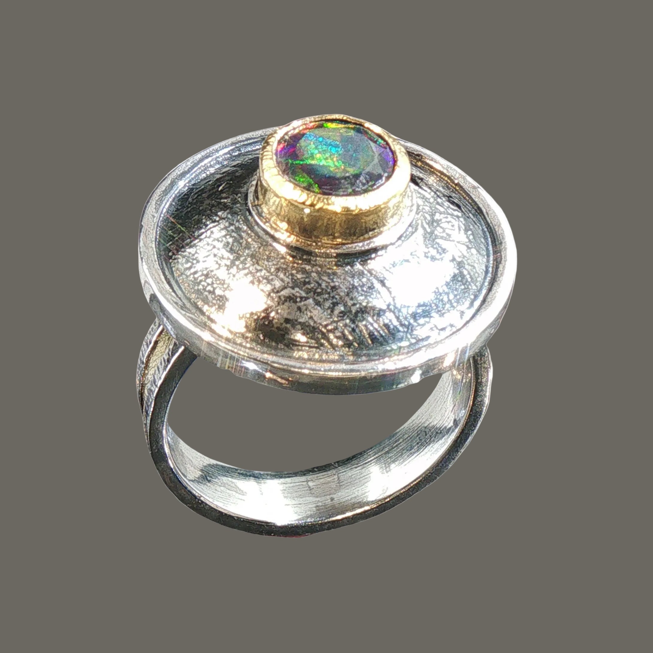 Domed Black Ethiopian Opal, Mixed Metal Statement Ring
