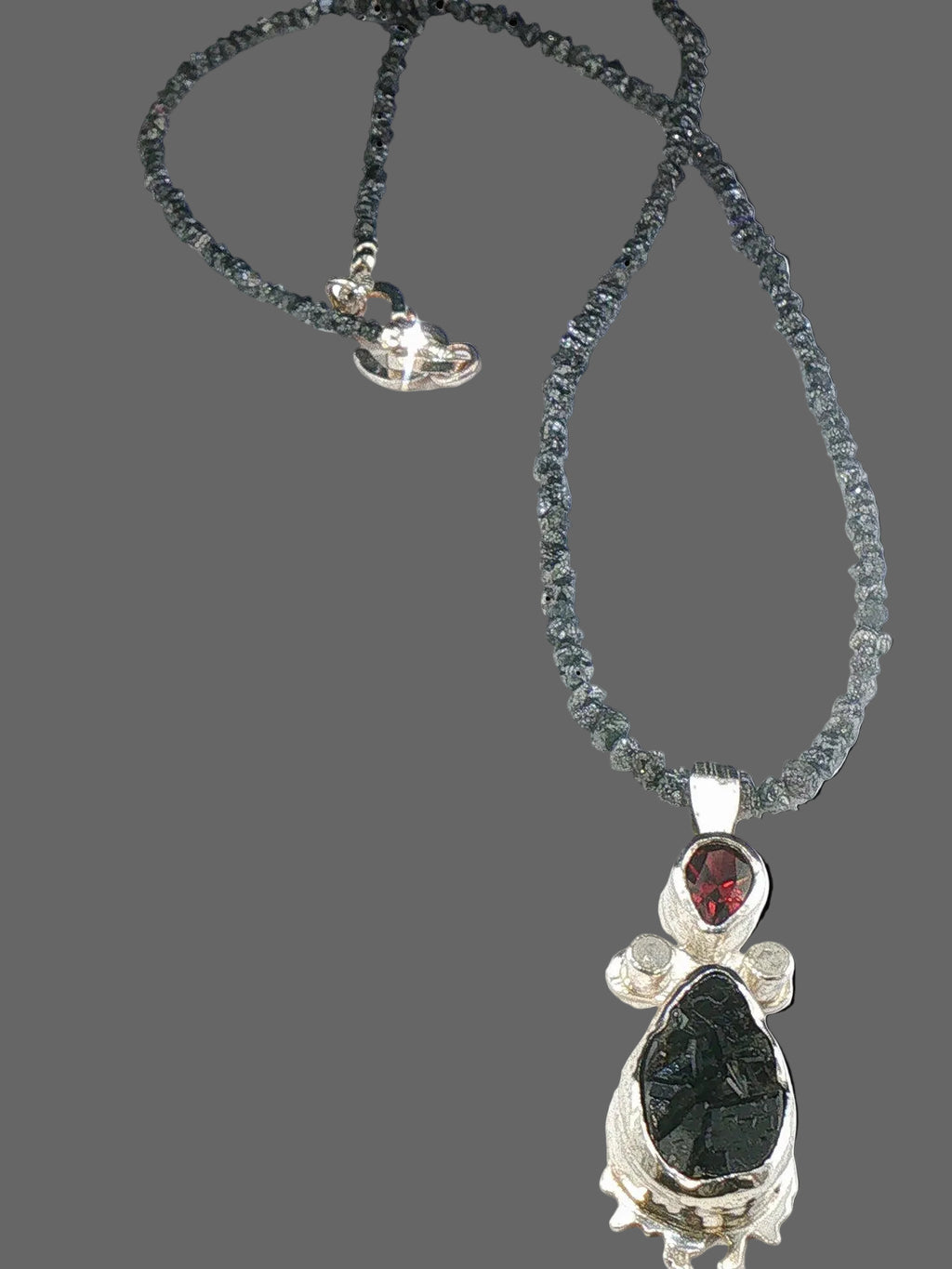 Contemporary, Rare Black Garnet Crystal Rand Diamond Sterling Pendant on Black Diamond Strand