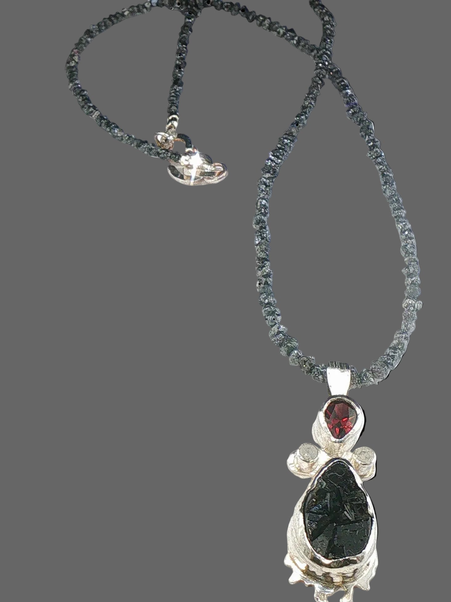 Contemporary, Rare Black Garnet Crystal Rand Diamond Sterling Pendant on Black Diamond Strand
