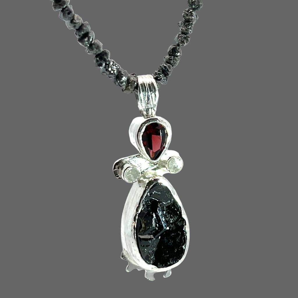 Contemporary, Rare Black Garnet Crystal Rand Diamond Sterling Pendant on Black Diamond Strand