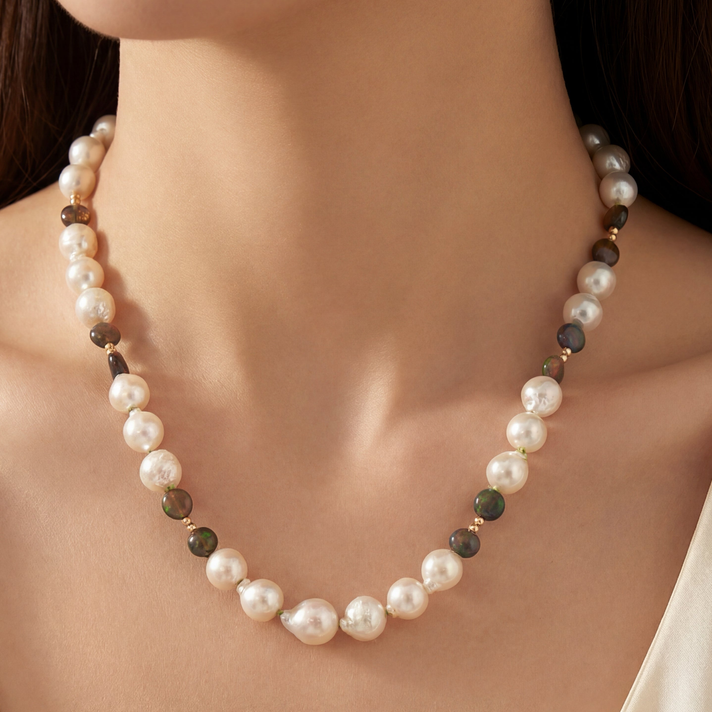 Japanese Baroque Akoya Pearl & Ethiopian Black Opal Station Necklace in 14K Gold
