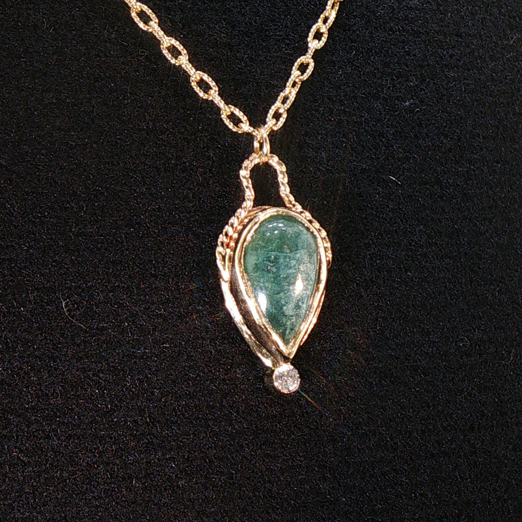 14K Gold Natural Emerald and Diamond Pear Pendant
