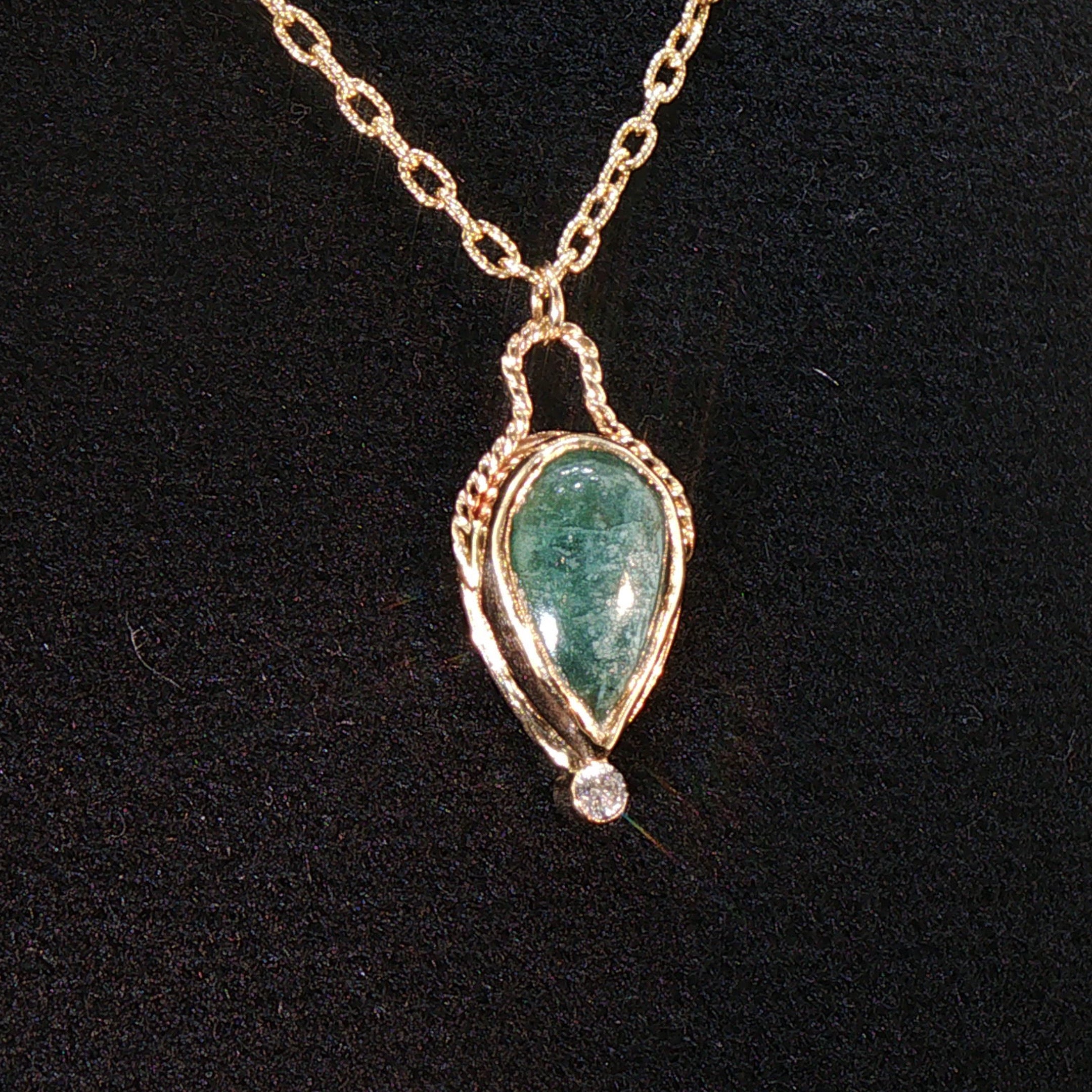 14K Gold Natural Emerald and Diamond Pear Pendant