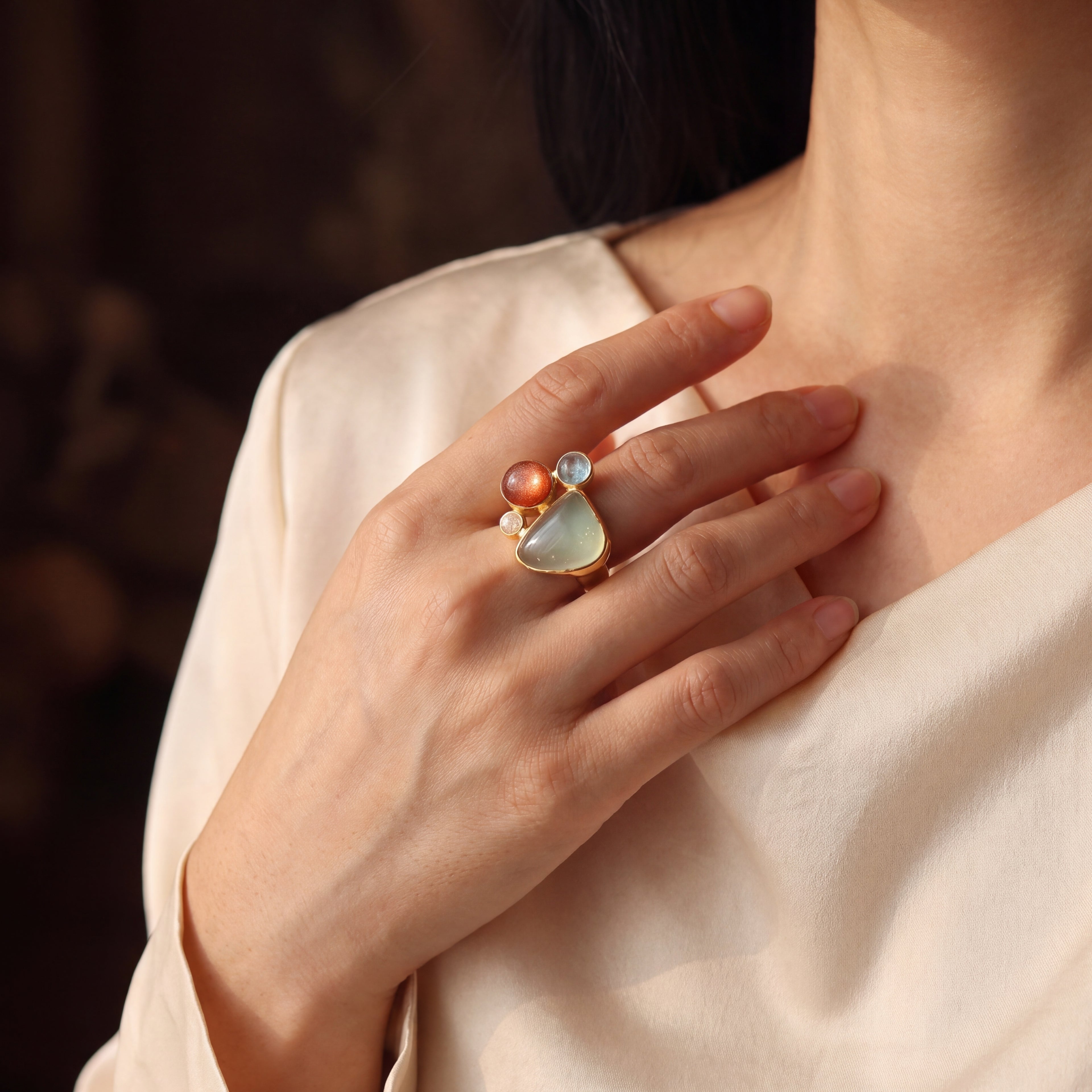 Ocean Sunset Gemstone Cluster, Gold/Silver Statement Ring