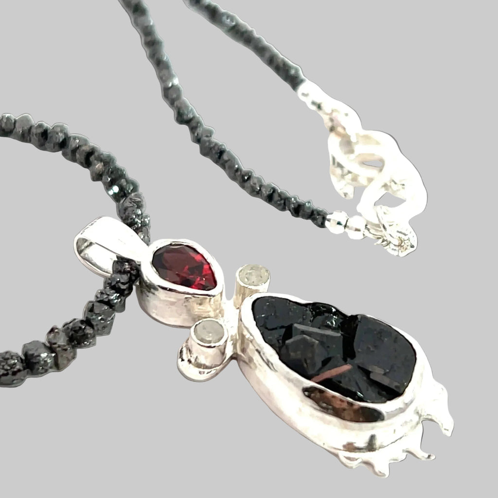 Contemporary, Rare Black Garnet Crystal Rand Diamond Sterling Pendant on Black Diamond Strand