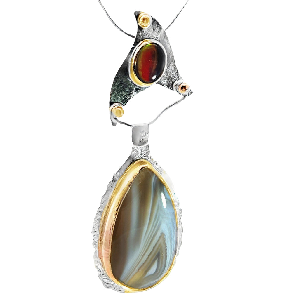 Contemporary Botswana Agate & Fossiled Ammolite,Mixed Metal Pendant