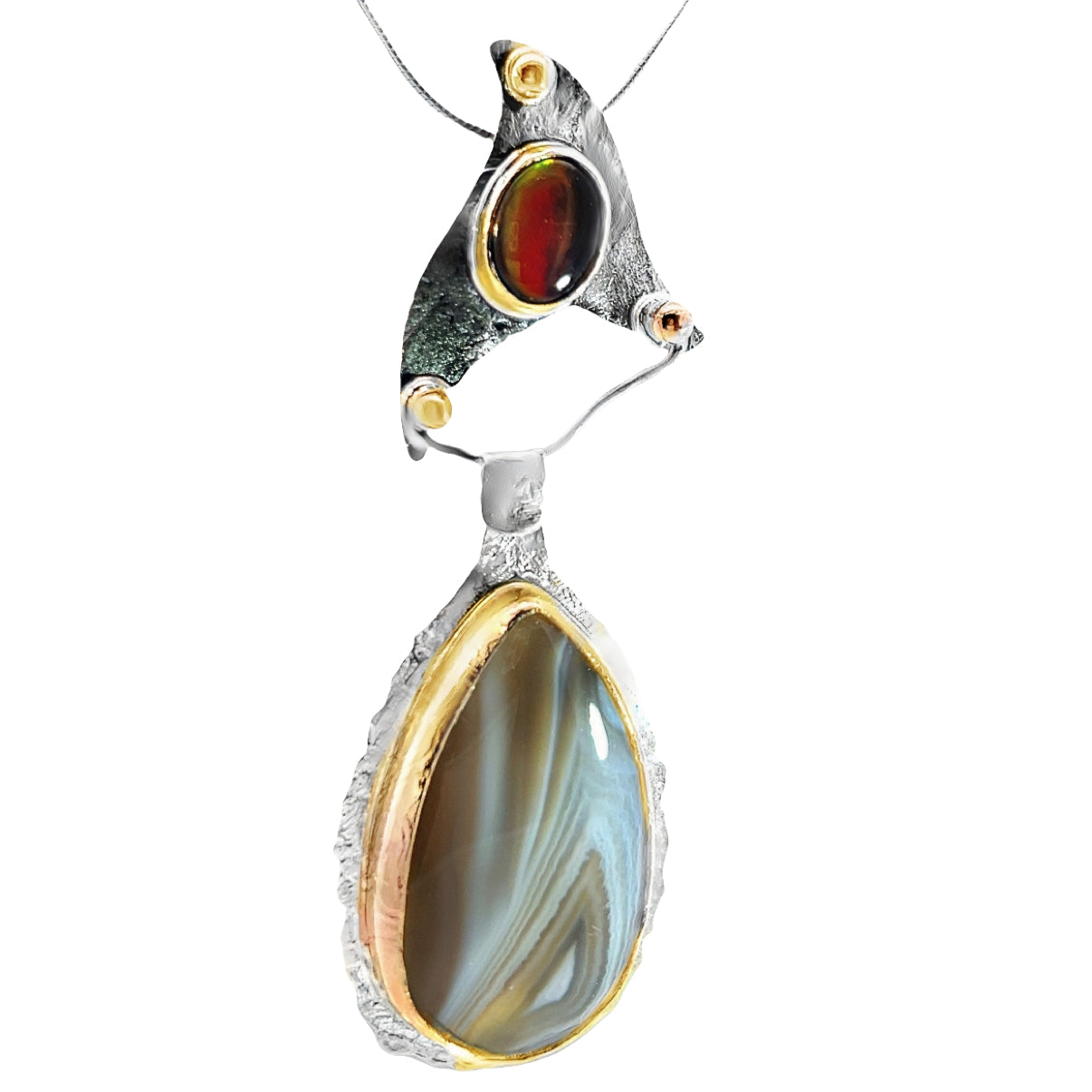 Contemporary Botswana Agate & Fossiled Ammolite,Mixed Metal Pendant