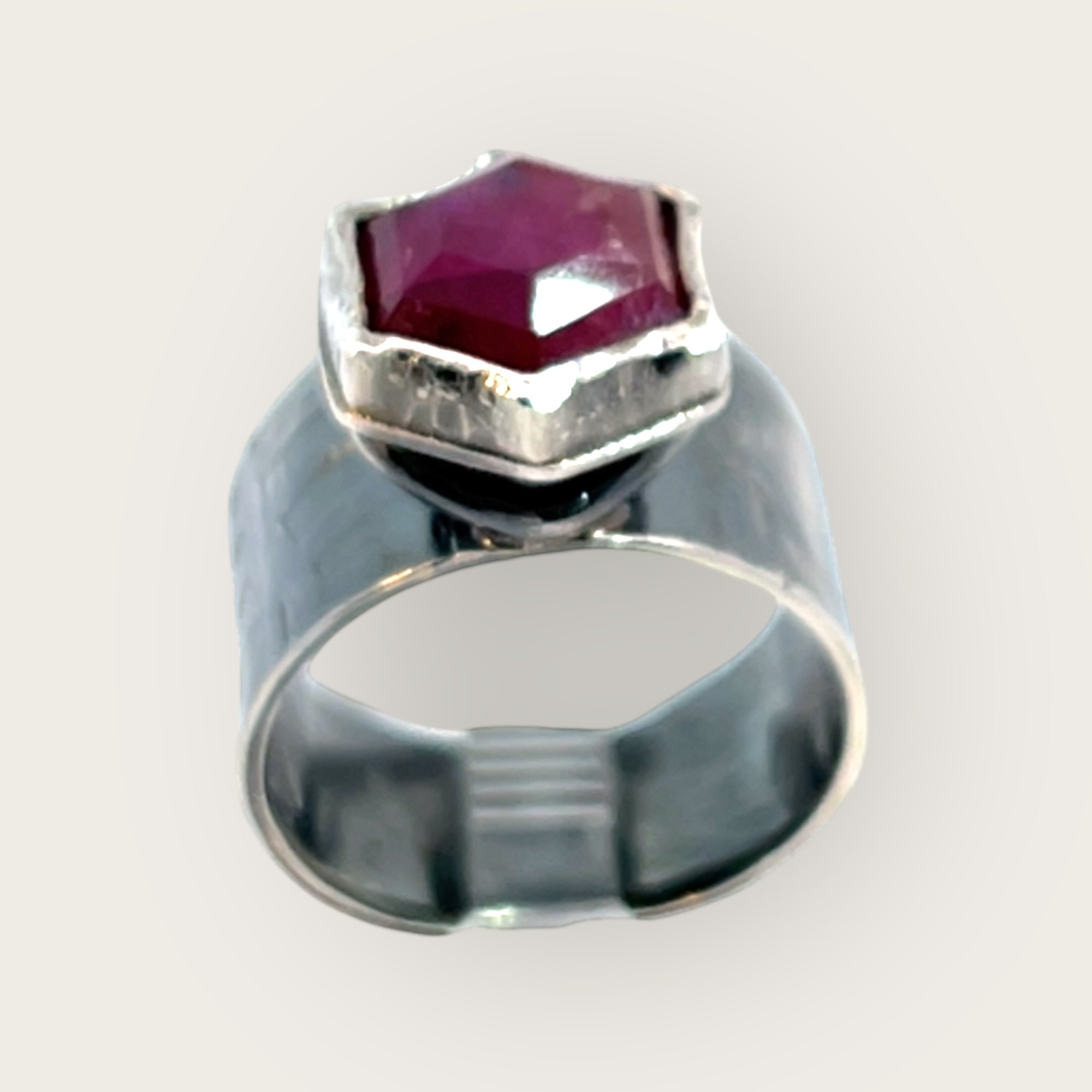 Hexagonal Pink Silk Sapphire Textured Sterling Ring