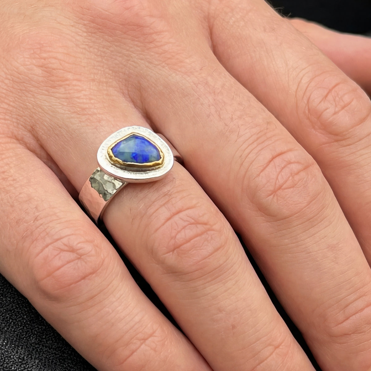 Couple's Blue Lightning Ridge Opal Mixed Metal Rings